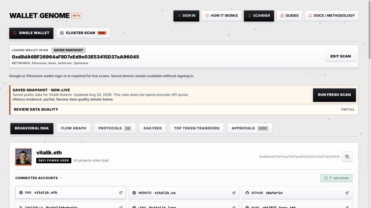 Saved wallet report showing selected networks, snapshot date, and partial history notice.